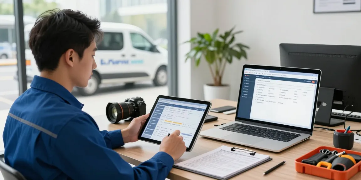 Technician dispatch software in use by a field technician organizing service jobs in a bright office.