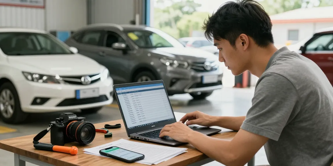 Car check UK: Family man reviewing car history on a laptop in a garage.