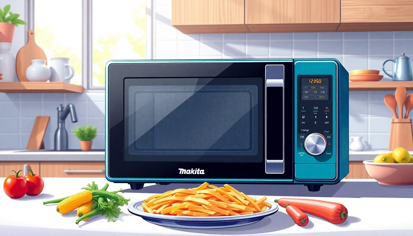 The Makita MW001GZ microwave demonstrates its advanced features in a stylish kitchen setting.