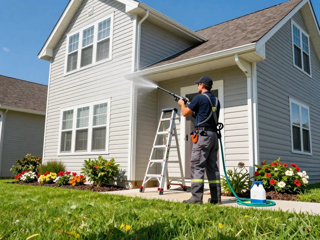 Residential exterior cleaning in progress as technician uses a pressure washer on a house with bright green lawn.