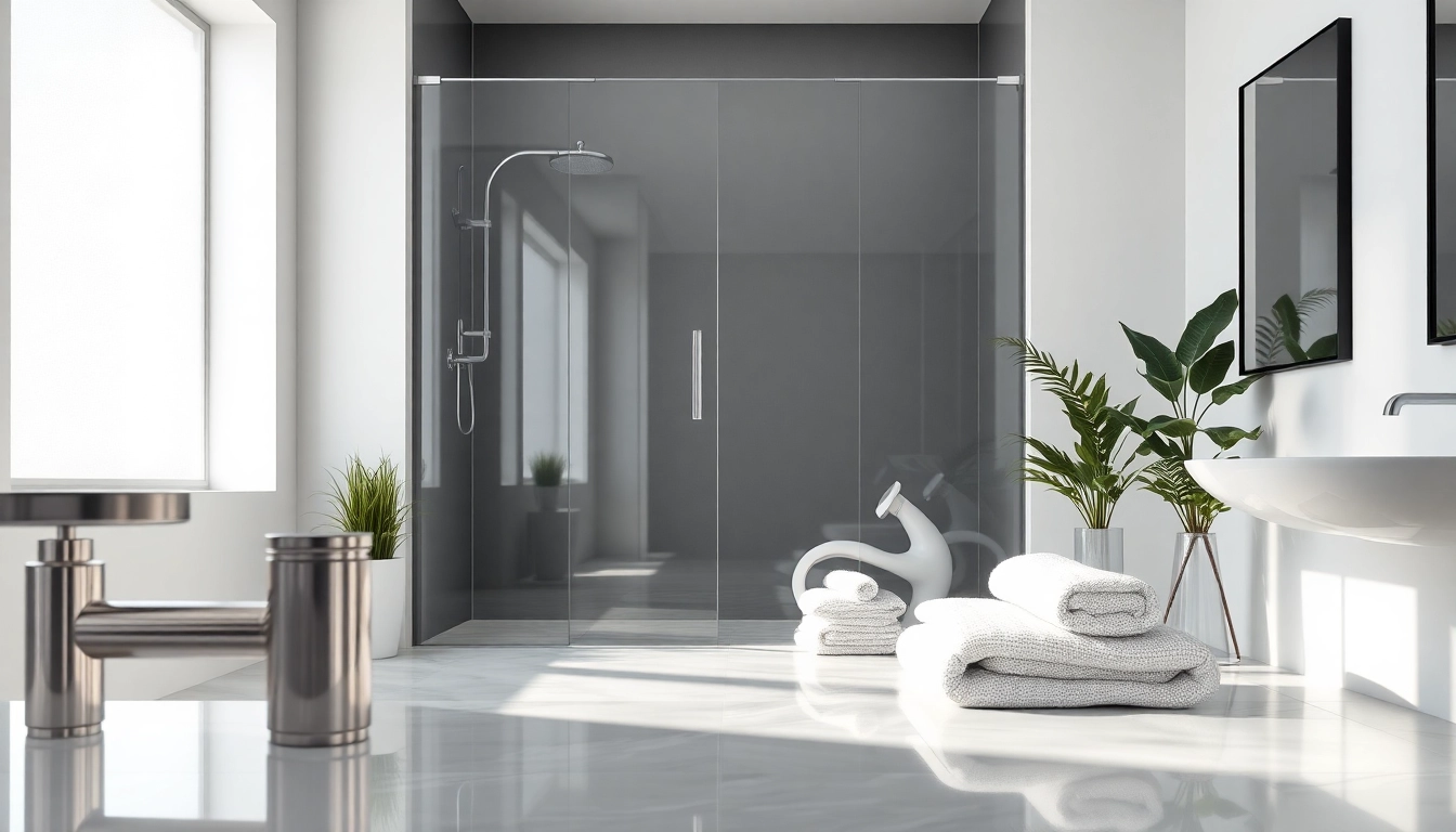 Stylish black shower door framed by light and modern decor.