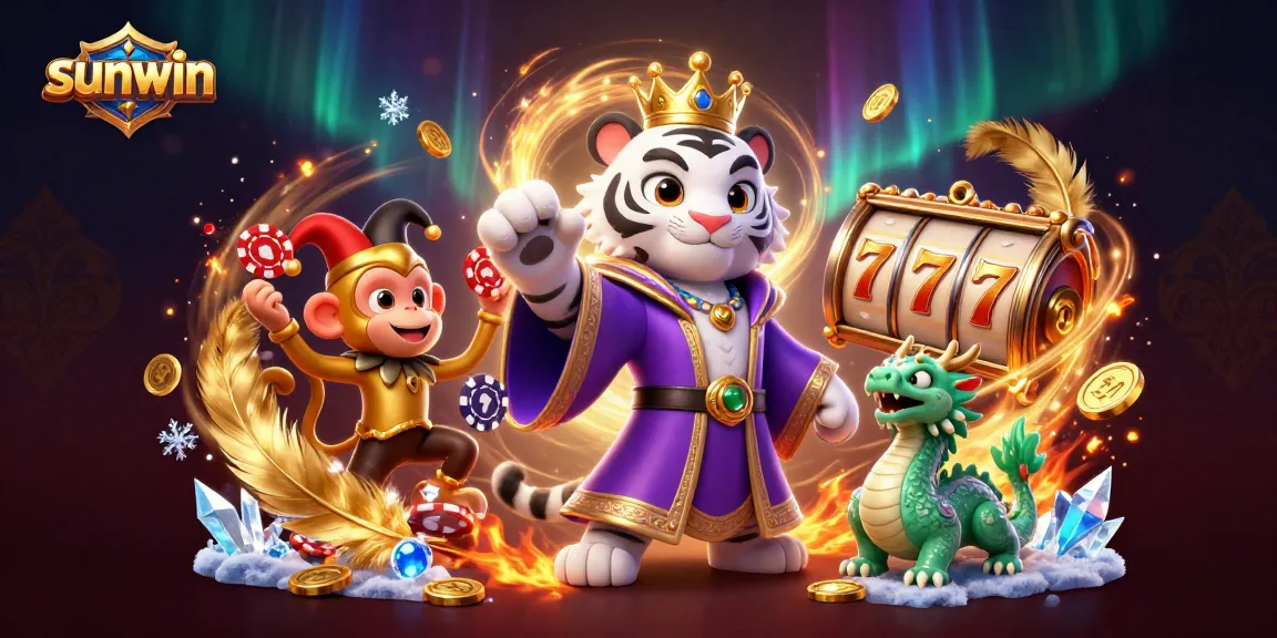 Engaging sunwin gaming action featuring a white tiger in royal robes and a golden monkey juggling chips.