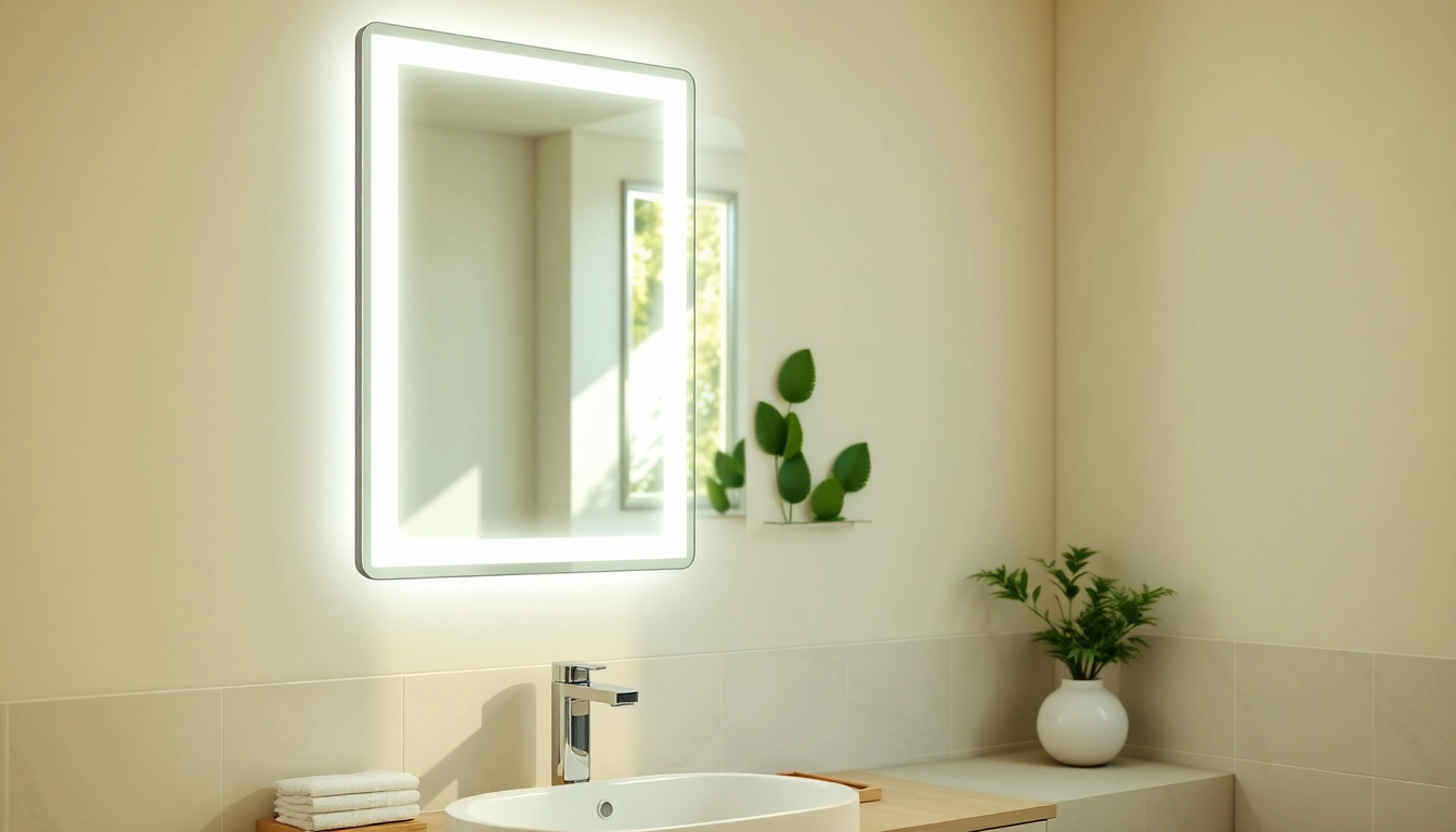 Reflective mirror and led lights in a modern bathroom setting, illuminating the space.