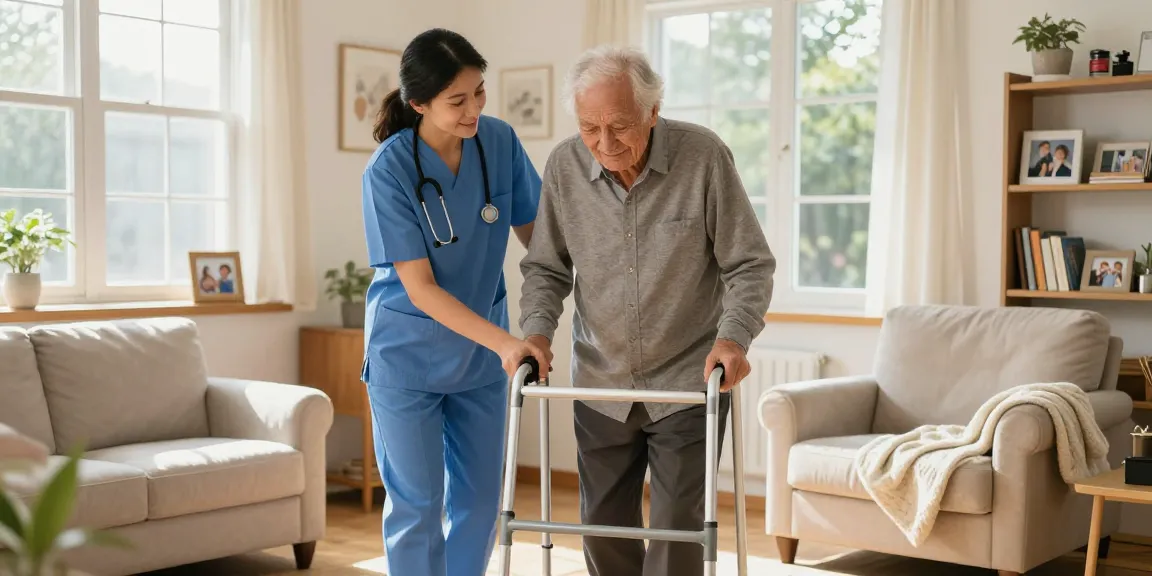 Helping elderly individuals buy nobility aids like walkers in a warm living room.