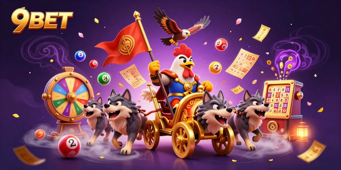 Experience the excitement of 9BET with a dynamic illustration of gaming elements and a vibrant scene.