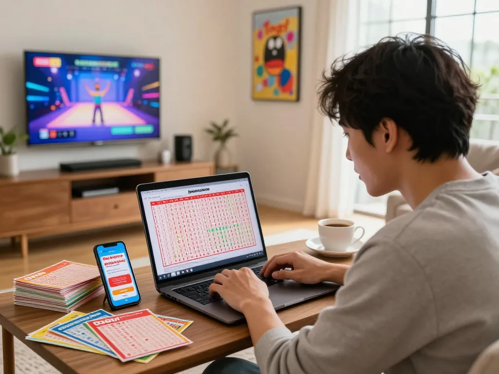 Pemain Togel Hongkong memeriksa hasil undian langsung di laptop dikelilingi oleh tiket lotre dan kopi.