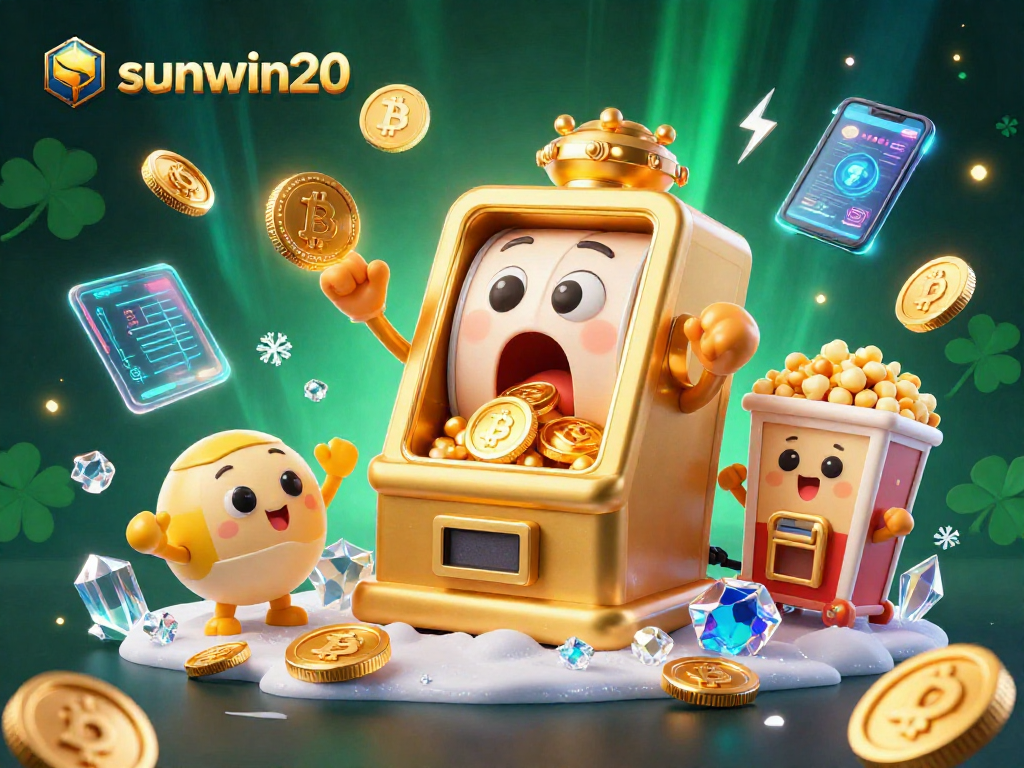 Win big with sunwin20 as a golden slot machine hits the jackpot, surrounded by cheering characters.