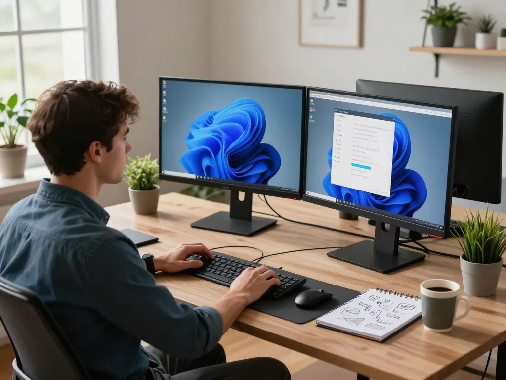 Refurbished PC in a modern workspace with dual monitors, potted plants, and natural light.