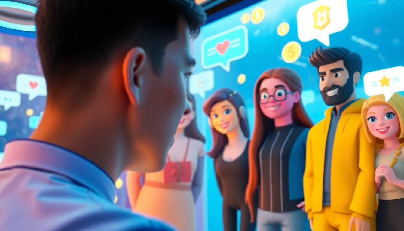 Dynamic interaction scene showcasing crush on ai with diverse animated characters in a vibrant digital space.