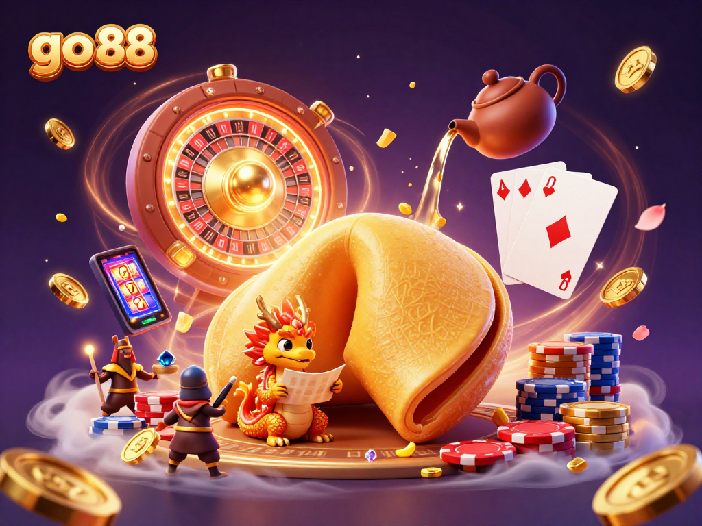 Enjoy dynamic winnings at go 88 with a lavish casino-themed illustration filled with giant golden fortune cookie elements.
