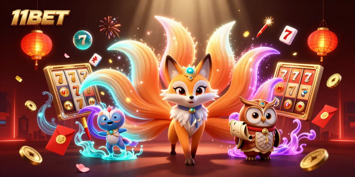 Engage with 11BET's exciting gameplay featuring vibrant slot reels and enchanting characters in a magical casino scene.