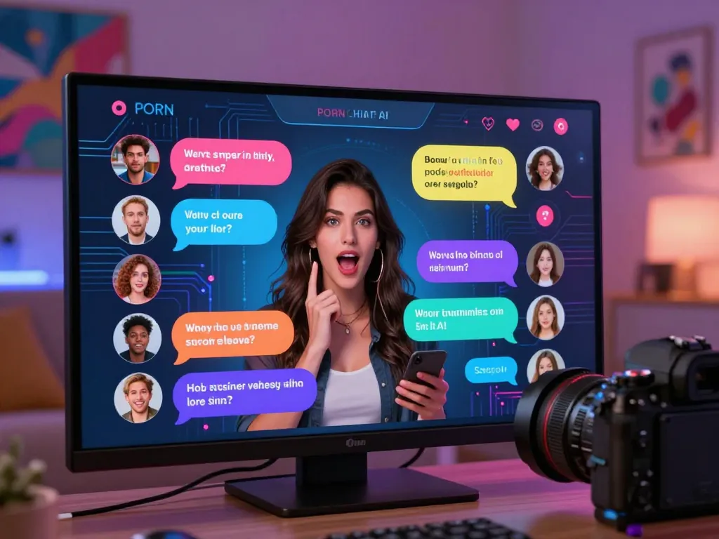 Engaging chat scene showcasing porn chat AI interaction with vibrant digital avatars and colorful messages