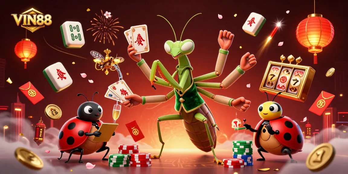 Experience the excitement of VIN88 with a dynamic casino scene featuring vibrant characters and rich gaming elements.