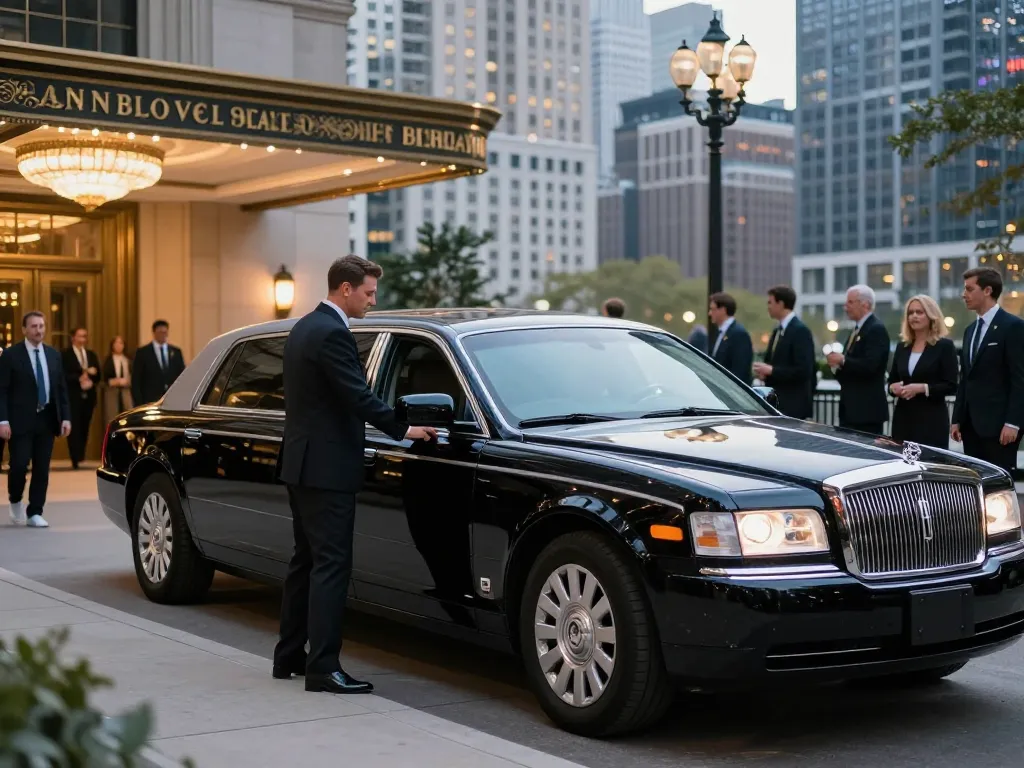 Aurora IL limo service featuring a professional chauffeur with a Lincoln Continental at a luxury hotel in Chicago.