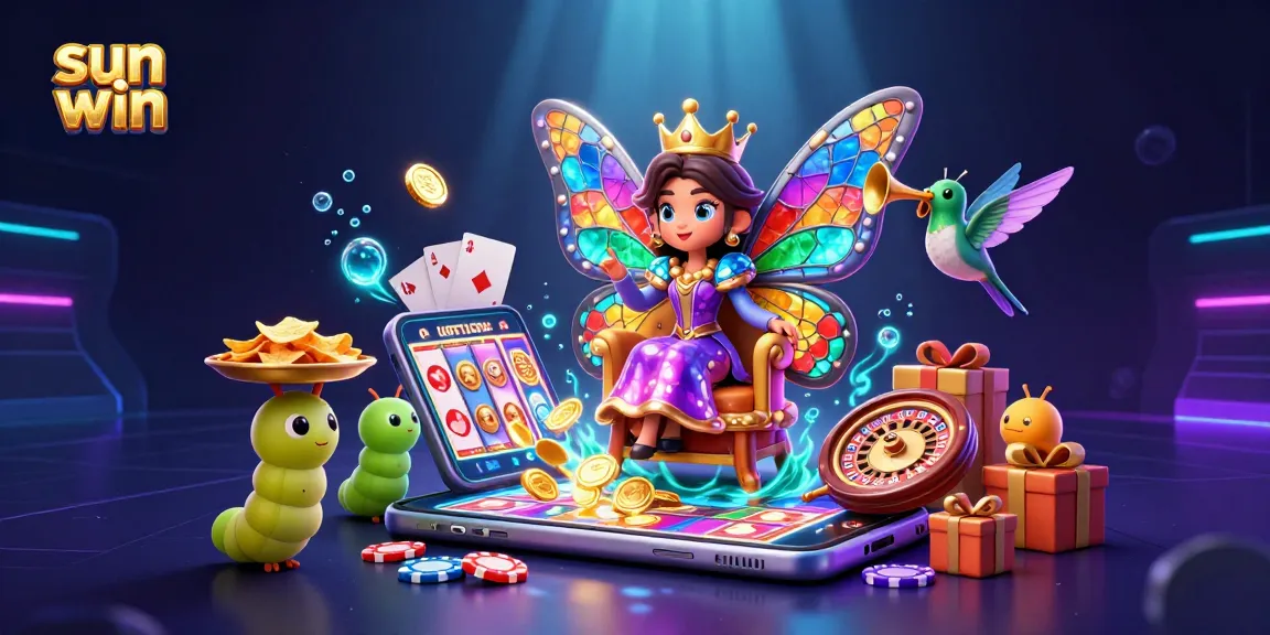 Experience sun win action with a vibrant, cartoon-style casino scene filled with slots, chips, and glowing effects.