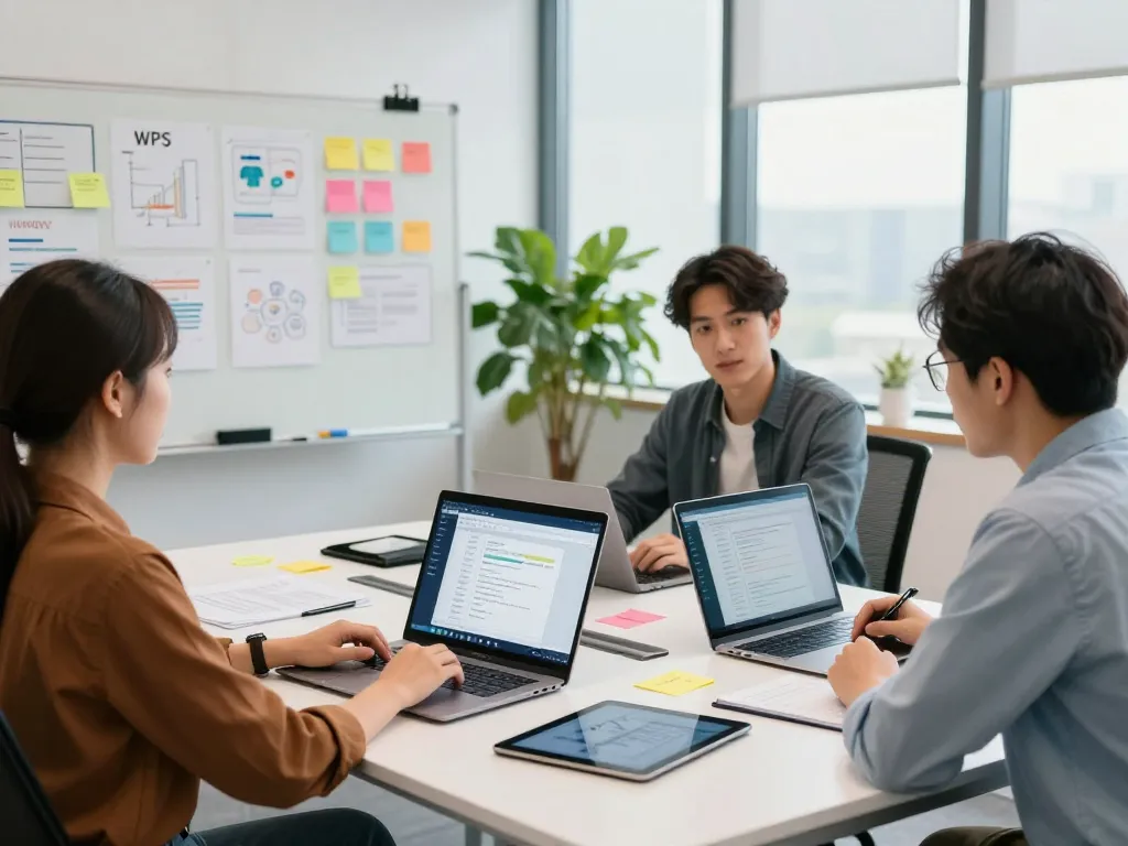 Team collaborating using WPS Office tools in a modern office setting