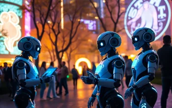 AI companions in a futuristic park, embodying the concept of crush on ai through joyful interactions.