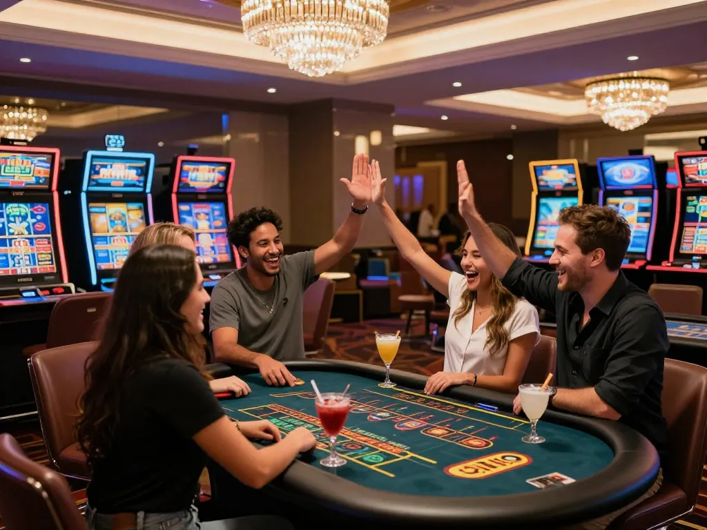 Friends celebrating a win in a lively gambling lounge, embodying the essence of nhà cái uy tín.