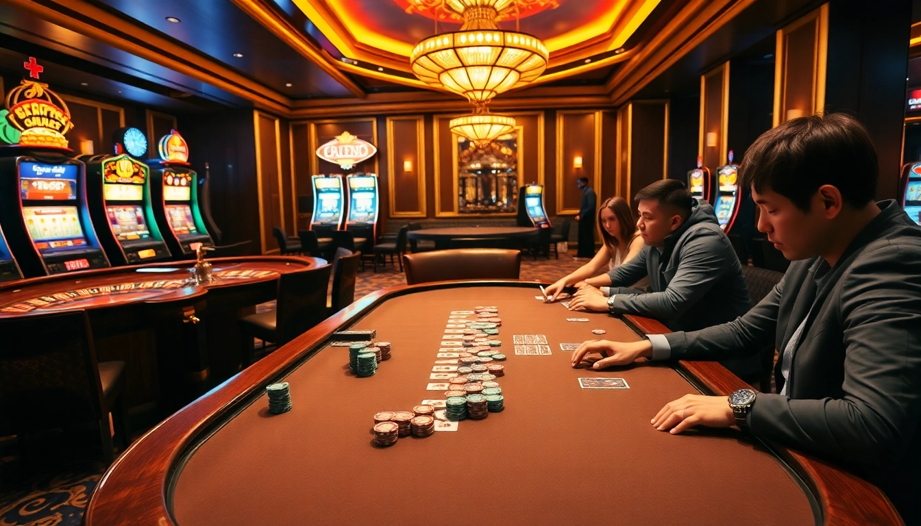Players engaging at an RR88-themed poker table, showcasing excitement and luxury in gambling.