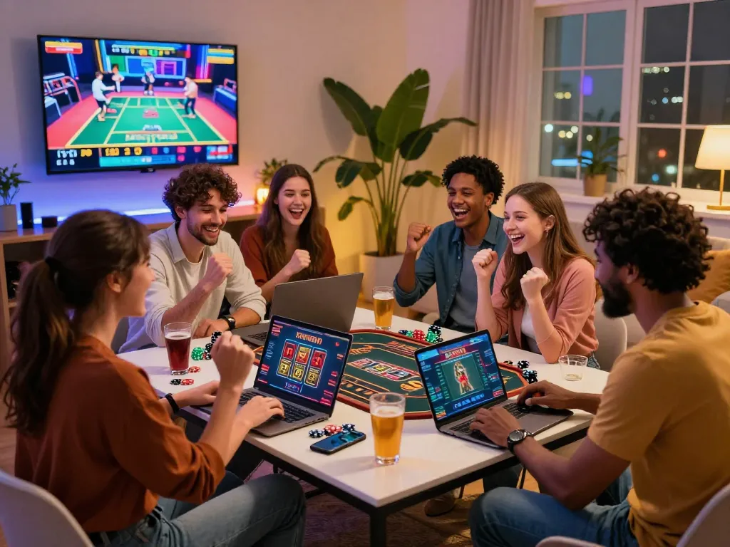 Group of friends engaging in online gambling for nhà cái uy tín experience with lively atmosphere