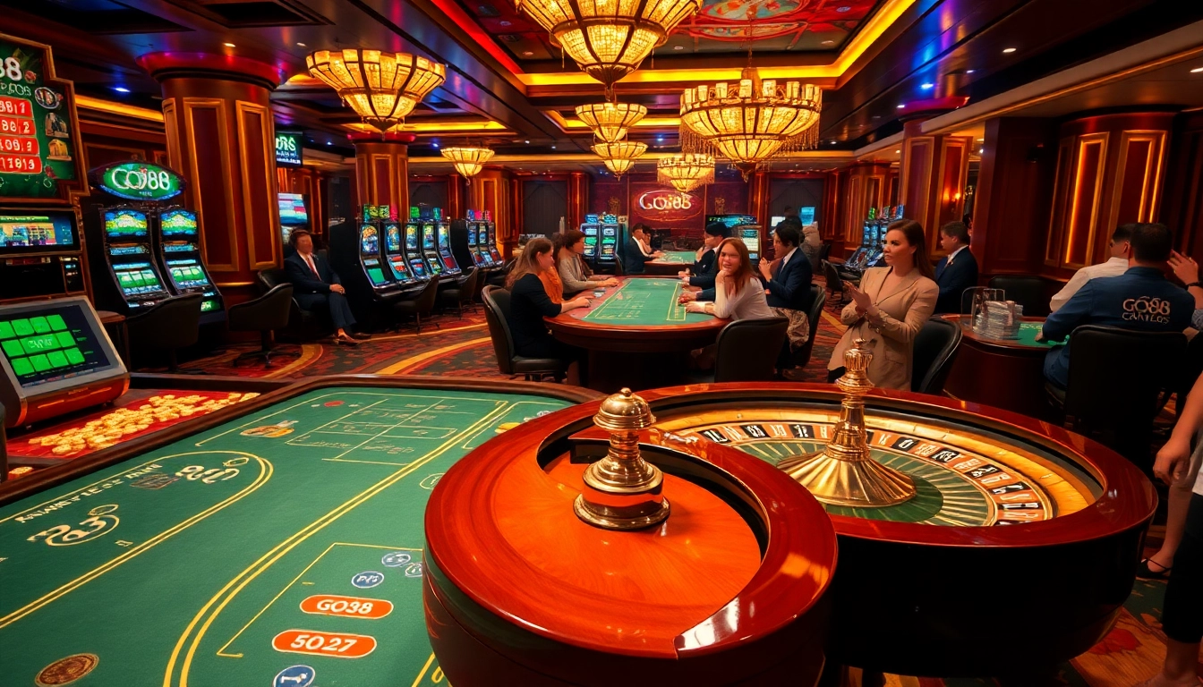 Exciting casino atmosphere featuring GO88 gaming tables and vibrant slot machines.
