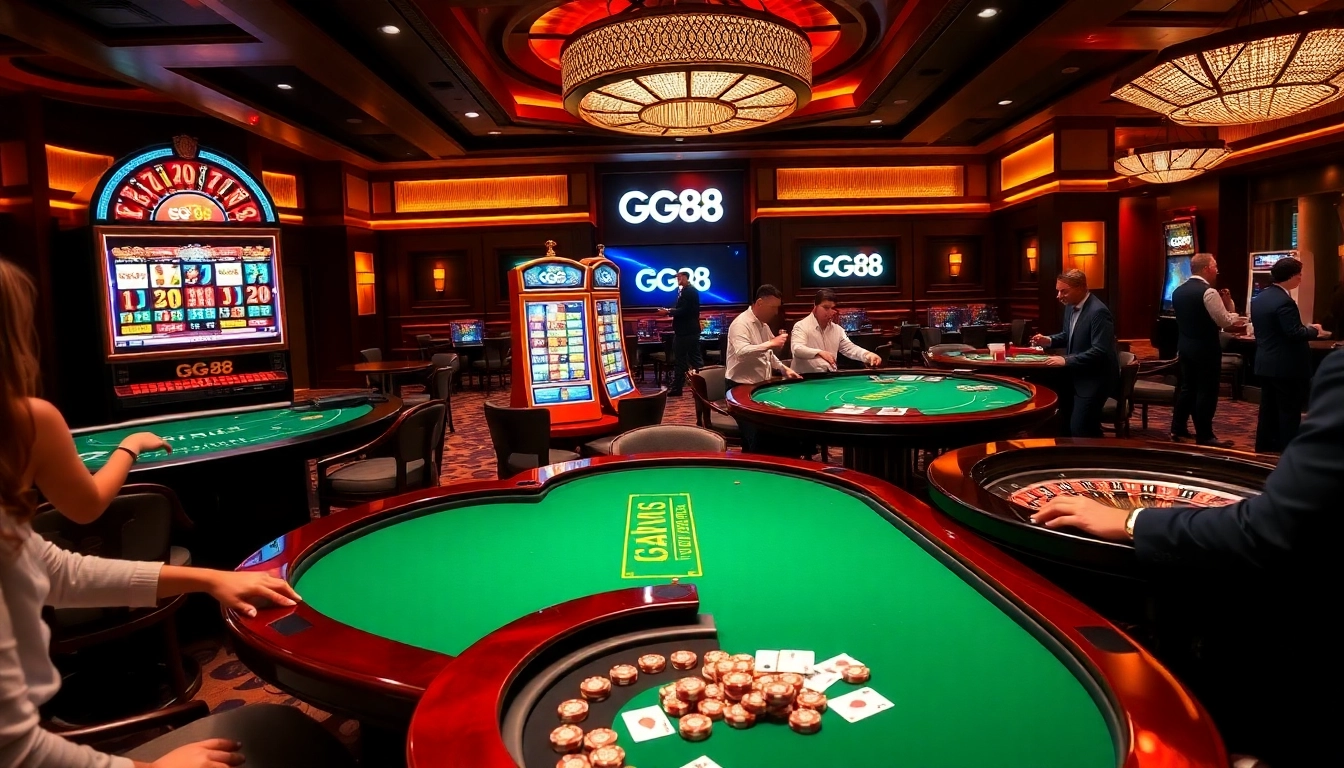 Experience thrilling gambling action at GG 88 with vibrant casino tables, cards, and slots.