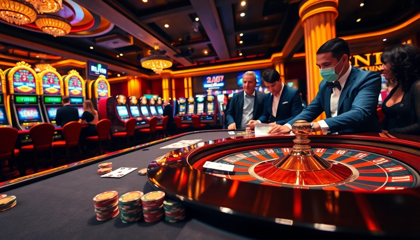 Gamblers enjoying a luxurious experience at RR88 with poker chips, cards, and roulette wheel.