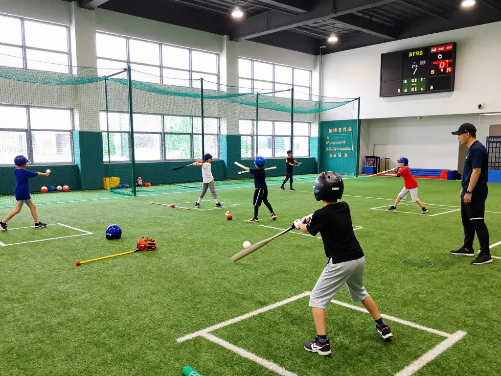 Young athletes training at hitclub indoor baseball facility, practicing batting techniques with coaches