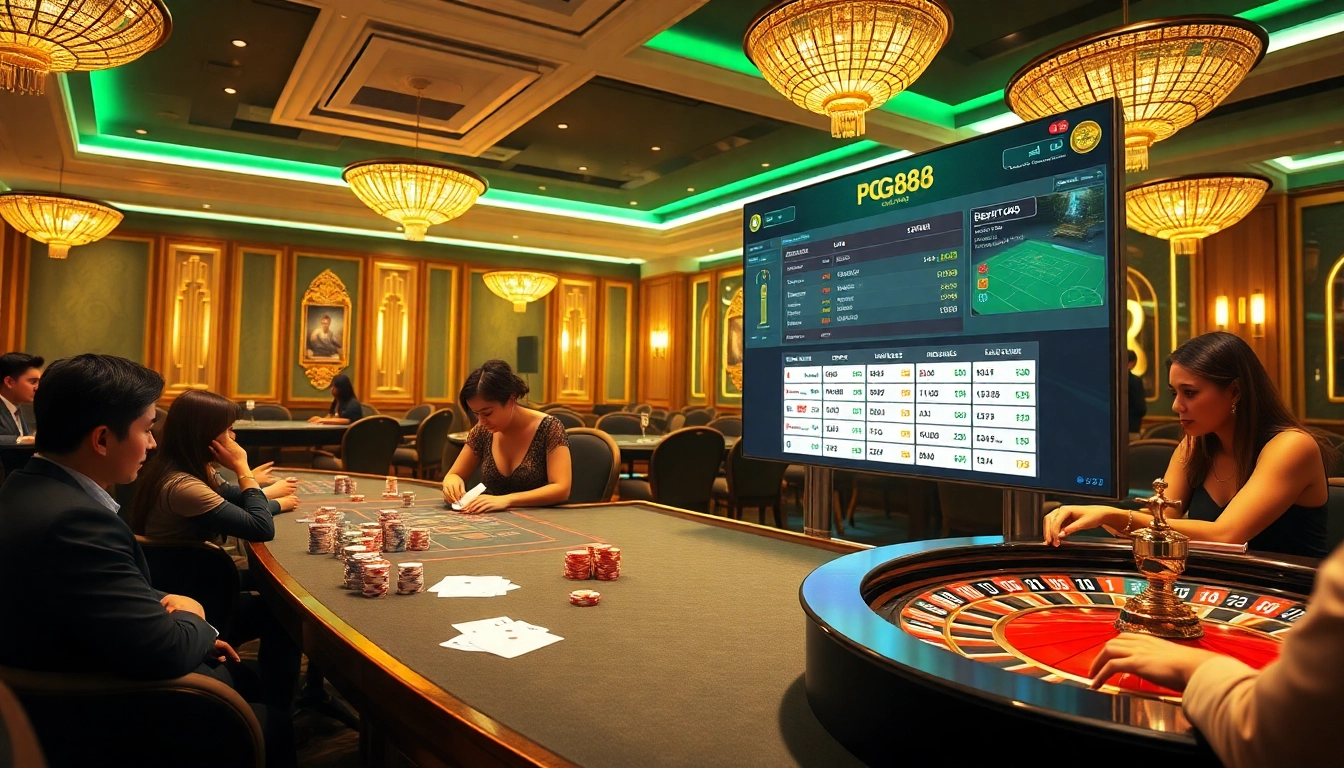 Engaging poker players celebrate wins at PG88 online casino with vibrant gaming atmosphere.