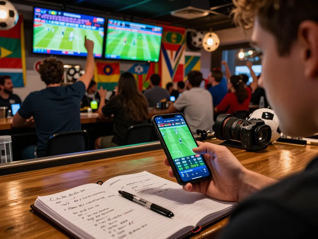 Football match statistics and betting insights on mobile at 1gom in vibrant sports bar atmosphere.