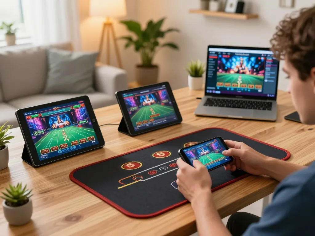 Engaged player enjoying 23Win mobile gambling experience on smartphone amidst a cozy setup.