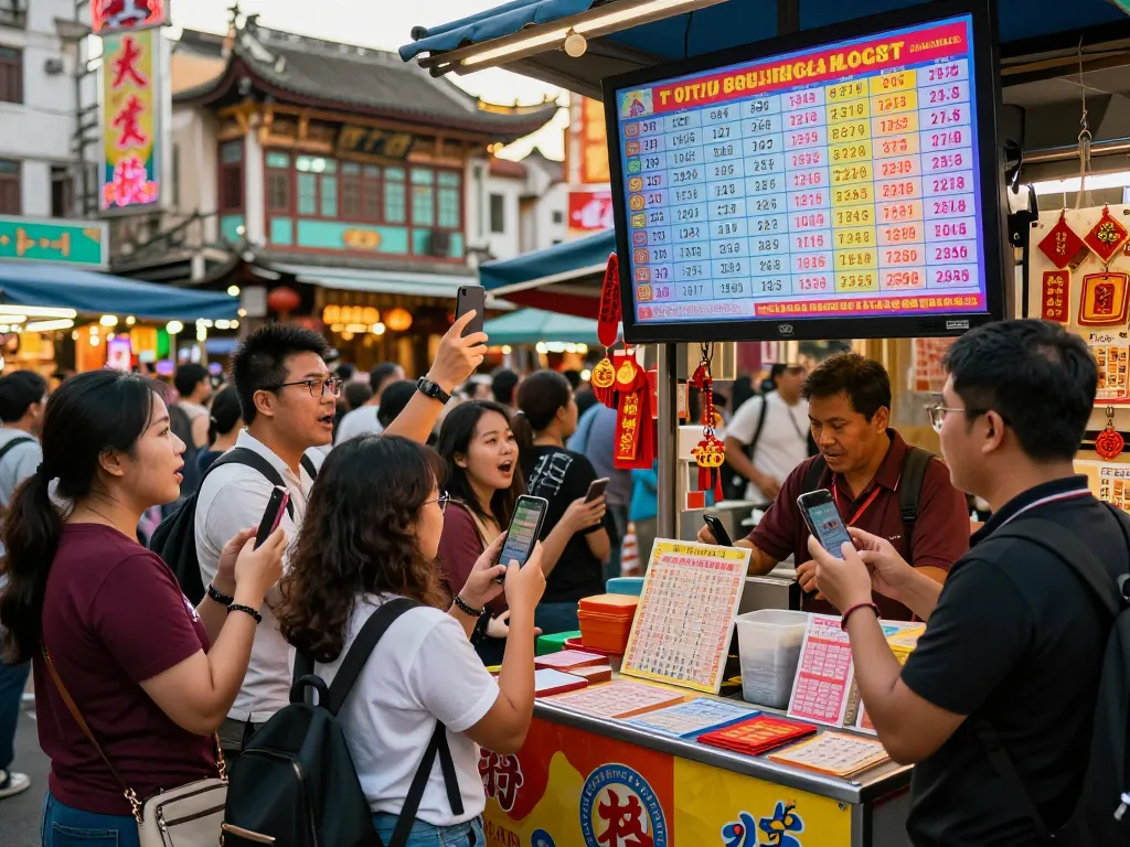 Pemain Togel Hongkong memeriksa nomor kemenangan di pasar jalanan yang ramai.