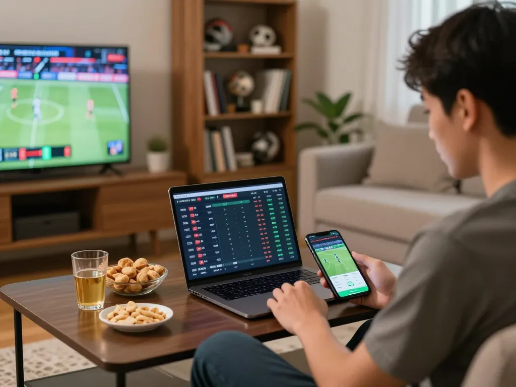 Tỷ lệ kèo nhà cái hôm nay displayed on a laptop for strategic sports betting analysis in a home setting.