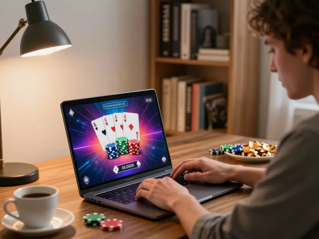 Engaging poker gameplay on a laptop at home exuding excitement at 88xeng.