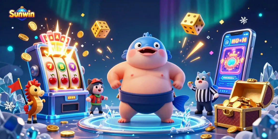 Engage with Sunwin's vibrant underwater gaming scene featuring a fugu in a sumo belt and dynamic casino symbols.