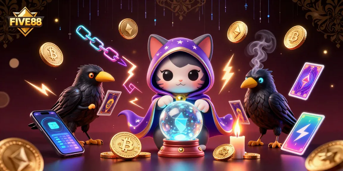 Engage with FIVE88 in a vibrant gambling illustration showcasing 3D characters and crypto elements.