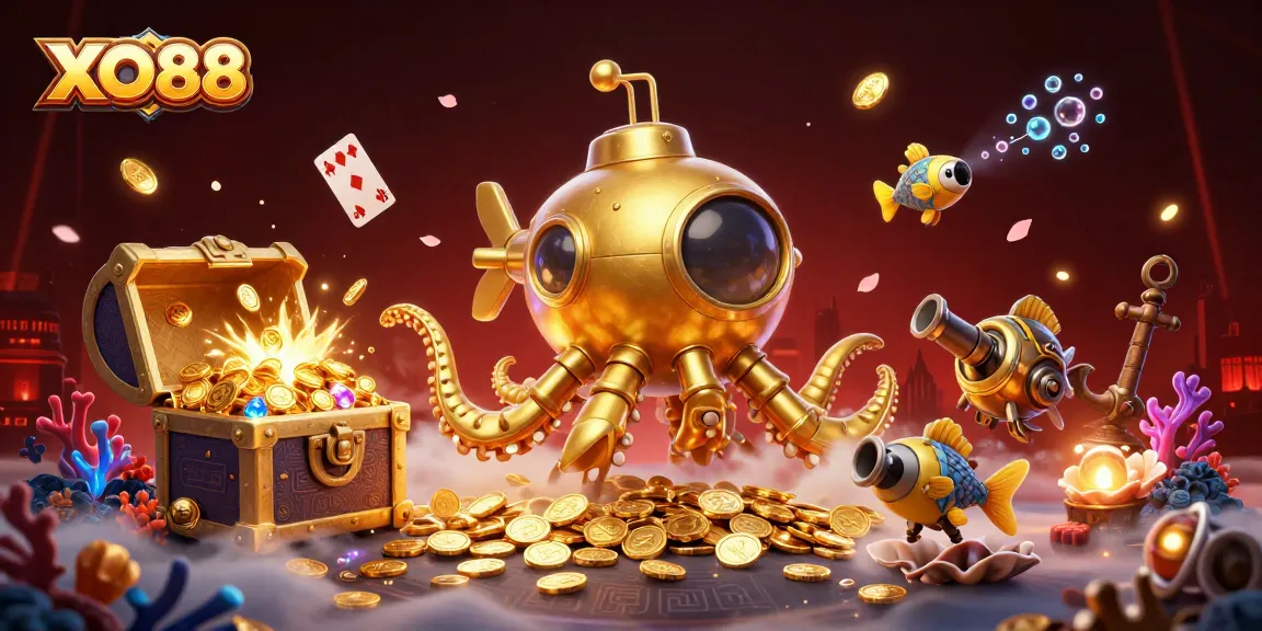Experience immersive excitement with XO88 as golden kraken submarine emerges from golden coins