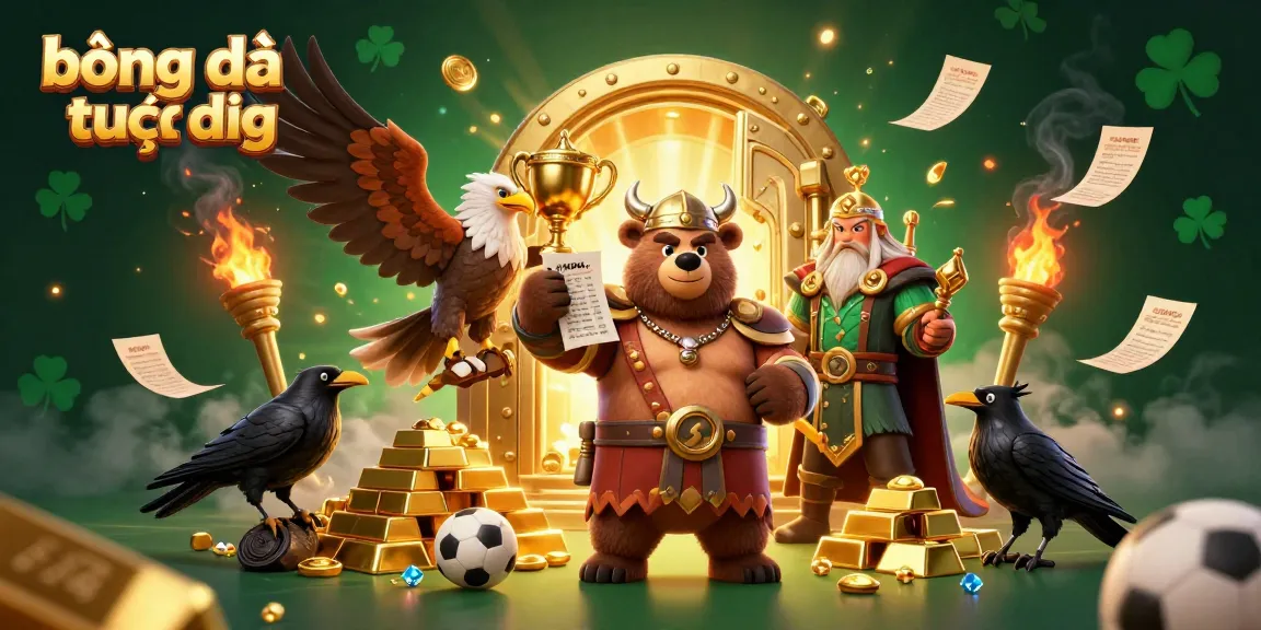 Experience bóng đá trực tiếp with a Viking bear and Valkyrie eagle betting amidst gold and sports excitement.