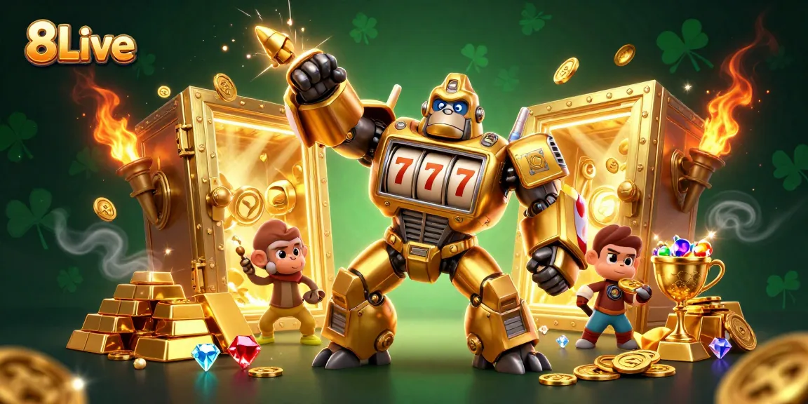 Experience thrilling wins at 8Live with a dynamic golden gorilla mech and cascading treasures.