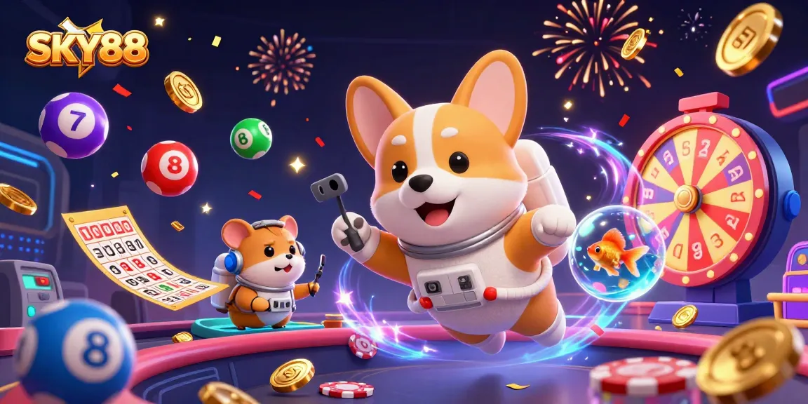 Experience fun at SKY88 with vibrant floating elements in a cosmic casino scene.