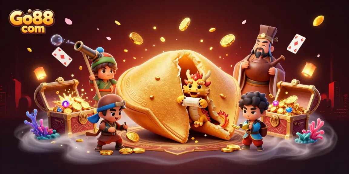 Engage with Go88 com's golden fortune cookie scene filled with treasure and gaming excitement.
