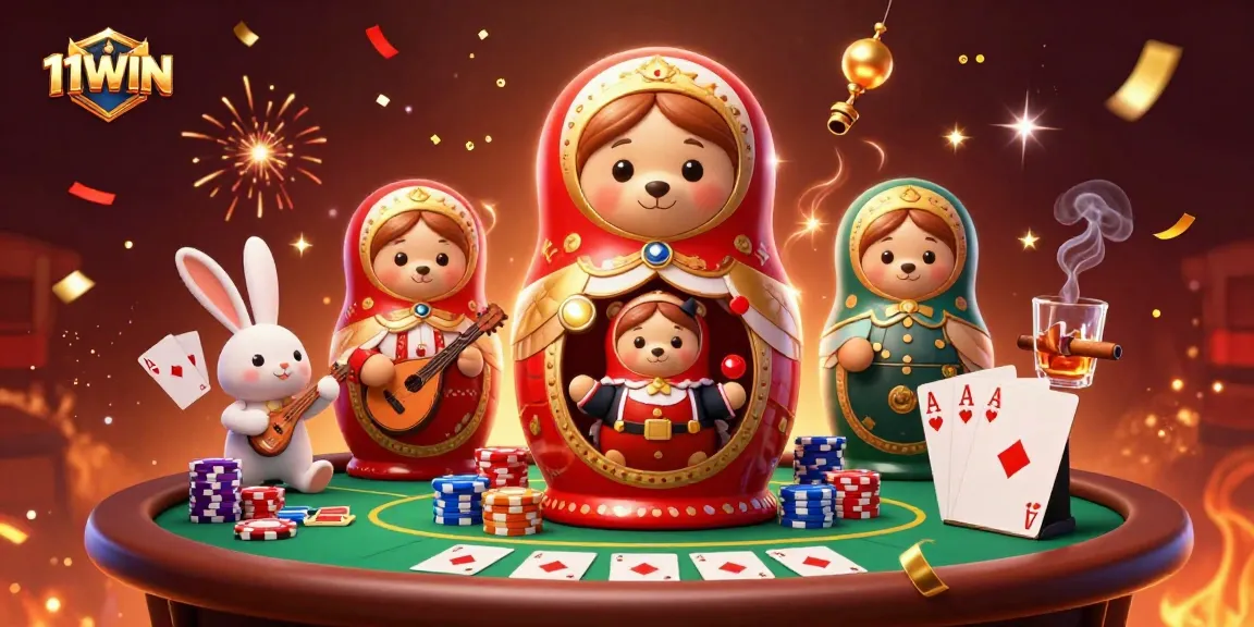 Play 11WIN casino games amidst a lively atmosphere with poker elements and festive characters.