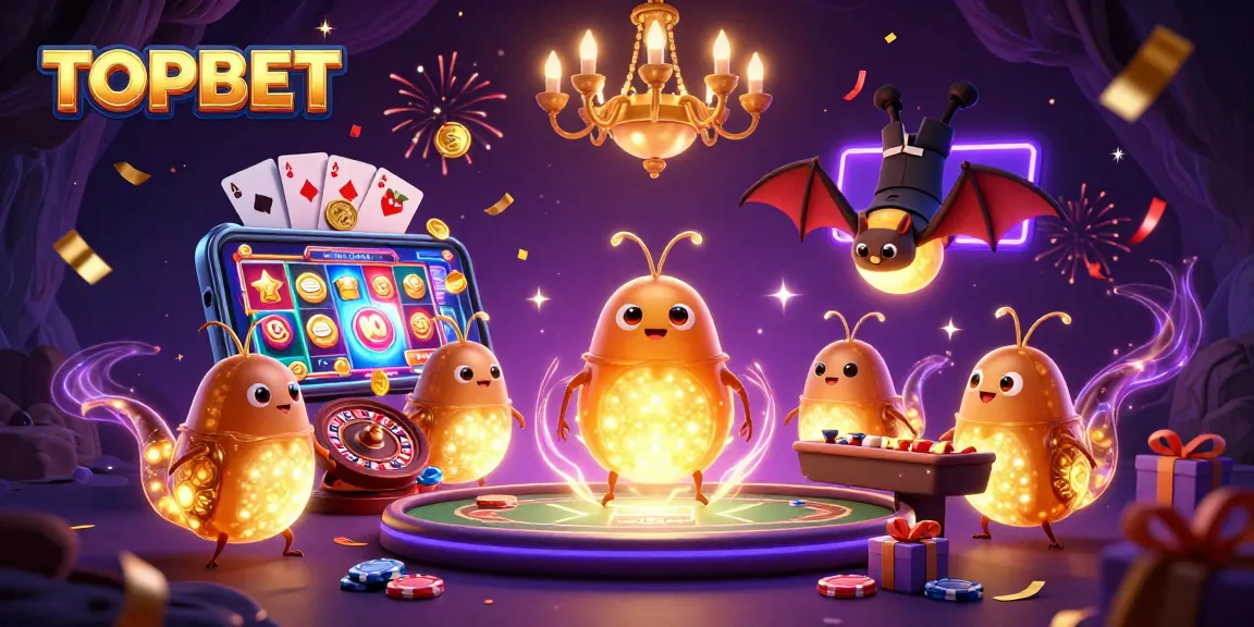 Experience the vibrant casino atmosphere at TOPBET with glowing characters and colorful slot games.