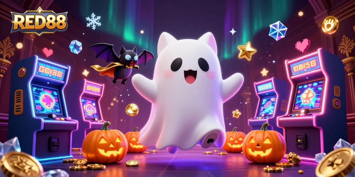 Experience exciting gameplay with ghost cat and vampire bat in the vibrant RED88 casino scene.