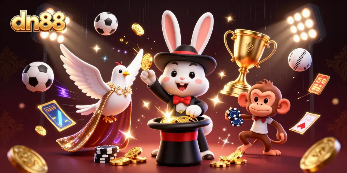 Experience thrilling gaming with dn88, featuring a magician rabbit, dove, and monkey amidst dynamic sports elements.